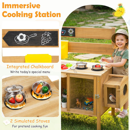 Wooden mud kitchen for kids with a detachable bird cage, featuring colorful play utensils and a rustic design for outdoor fun.