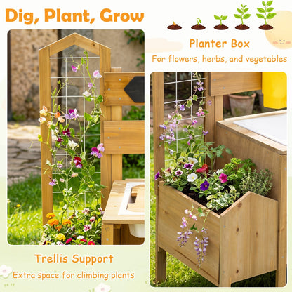Wooden mud kitchen for kids by GBruno Store featuring a detachable bird cage, play kitchen with realistic accessories.