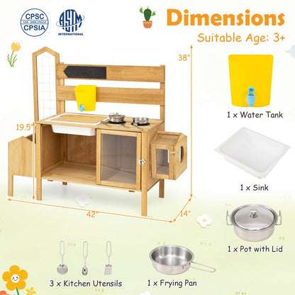 Wooden mud kitchen for kids with a detachable bird cage, GBruno Store children's play kitchen set with realistic outdoor features.