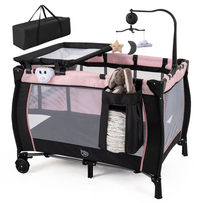 Pink baby playpen with changing table and bassinet, multifunctional GBruno Store baby playpen for infants and toddlers.