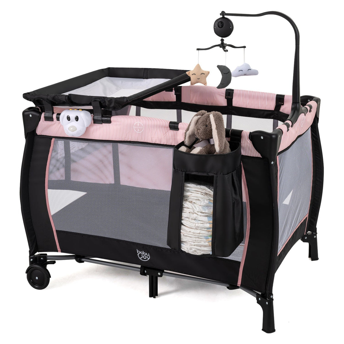 Pink baby playpen with changing table and bassinet, featuring soft sides and a sturdy frame for safe infant play and resting.