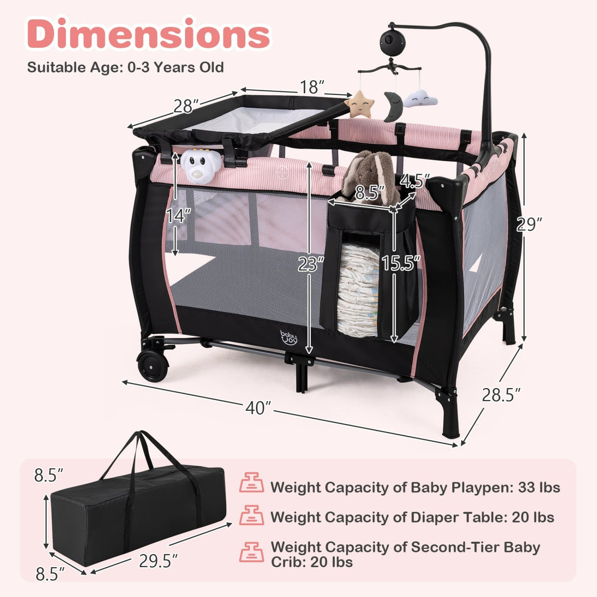 Pink baby playpen with changing table and bassinet, featuring soft padding and secure mesh sides for infant safety and comfort.