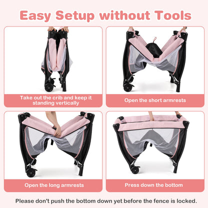 Pink baby playpen with changing table and bassinet, featuring a sturdy frame and soft padding for comfortable, safe baby care.