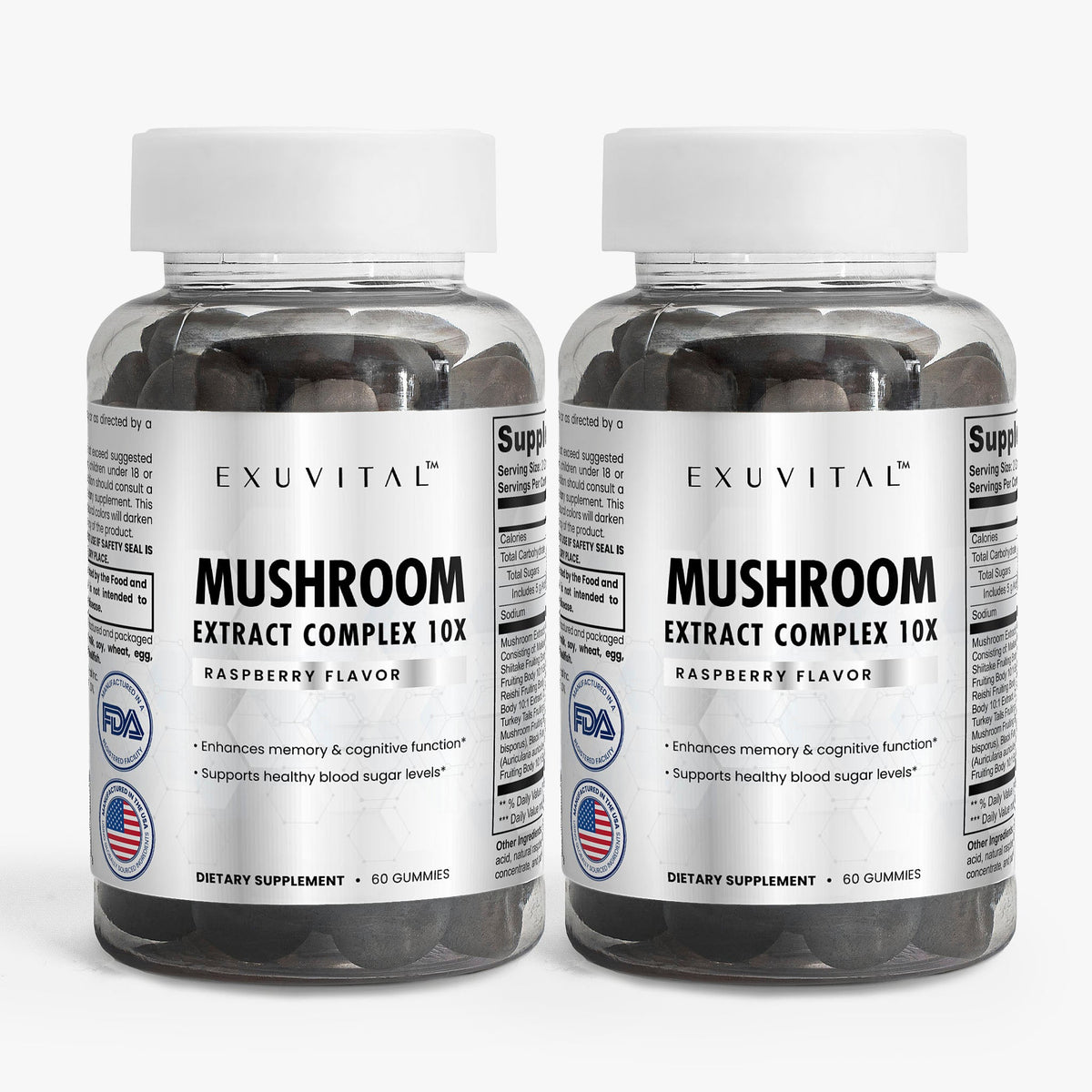 Two bottles of Exuvital Mushroom Extract Complex supplement showing the product label and packaging.