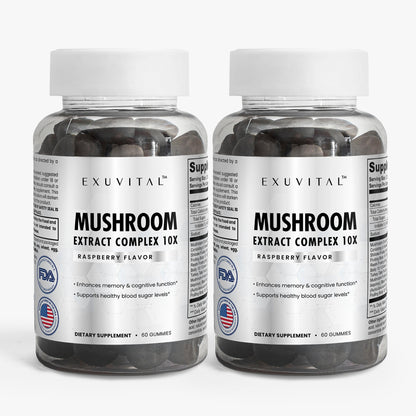 Two bottles of Exuvital Mushroom Extract Complex supplement showing the product label and packaging.