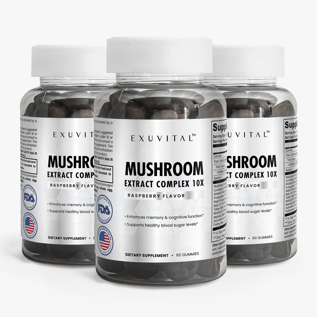 Exuvital Mushroom Extract Complex supplement bottles featuring a blend of various mushroom extracts in dark bottles.