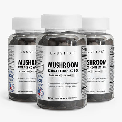 Exuvital Mushroom Extract Complex supplement bottles featuring a blend of various mushroom extracts in dark bottles.