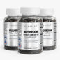 Exuvital Mushroom Extract Complex supplement bottles featuring a blend of various mushroom extracts in dark bottles.