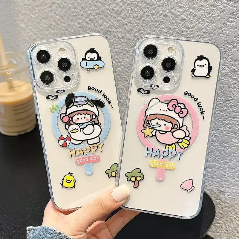 Cute Cartoon Girl Pattern Magnetic Wireless Phone Case