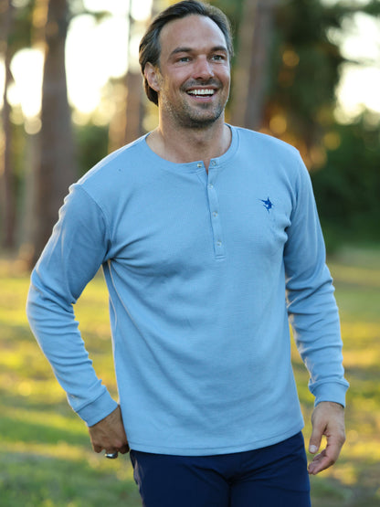 Mystic Blue long sleeve Henley shirt by White Water Life, featuring a comfortable fit and casual style.