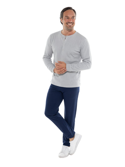 Grey long sleeve Mystic Henley shirt by White Water Life, showing close-up of fabric and button details.