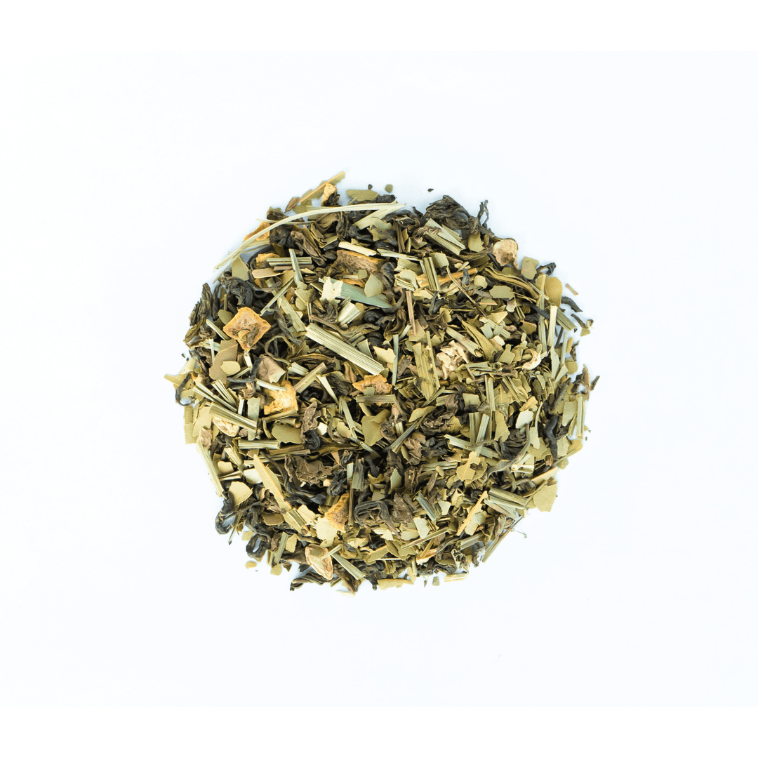 Organic Mystique Mélange tea blend by Nepal Tea, showing a colorful assortment of dried tea leaves and herbs in a blend package.