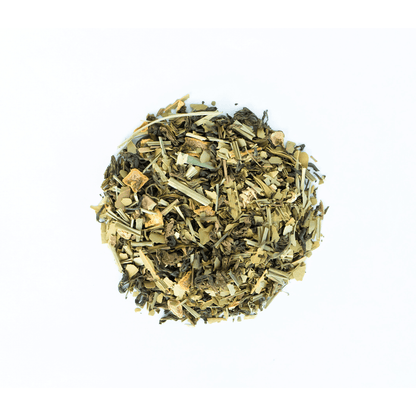 Organic Mystique Mélange tea blend by Nepal Tea, showing a colorful assortment of dried tea leaves and herbs in a blend package.