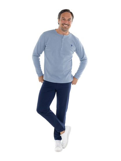Long sleeve Mystic Henley shirt by White Water Life, featuring a comfortable fit and casual style, shown in the product image.