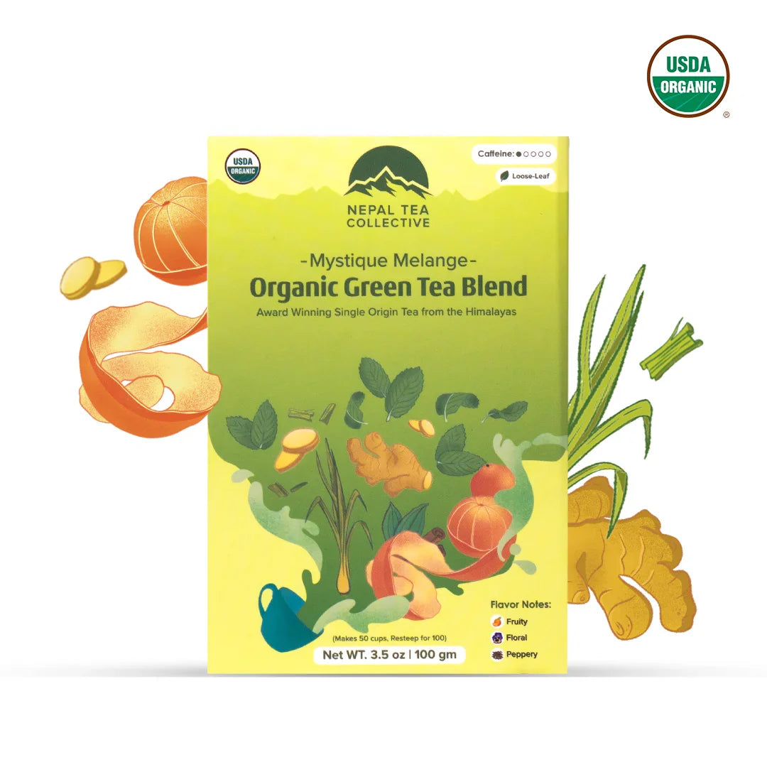 Organic Mystique Mélange tea blend by Nepal Tea with dried tea leaves and herbs in a close-up image.