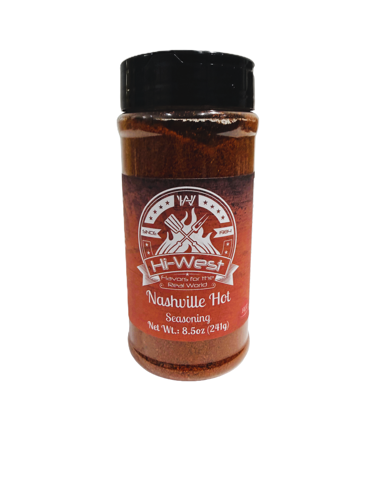 Close-up of HI-West Nashville Hot Seasoning jar showing vibrant red spice blend for grilling and cooking.