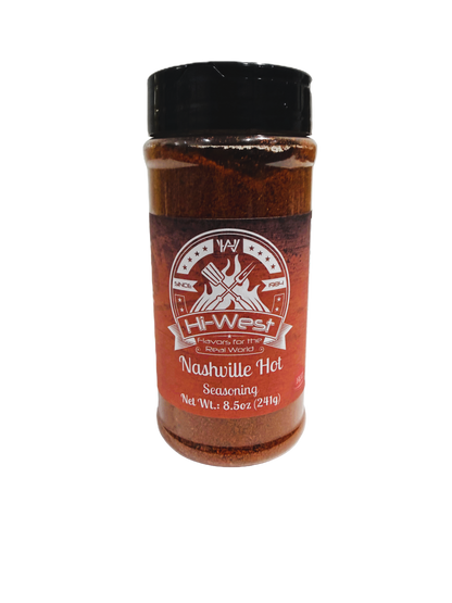 Close-up of HI-West Nashville Hot Seasoning jar showing vibrant red spice blend for grilling and cooking.