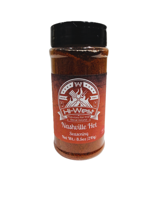 Close-up of HI-West Nashville Hot Seasoning jar showing vibrant red spice blend for grilling and cooking.