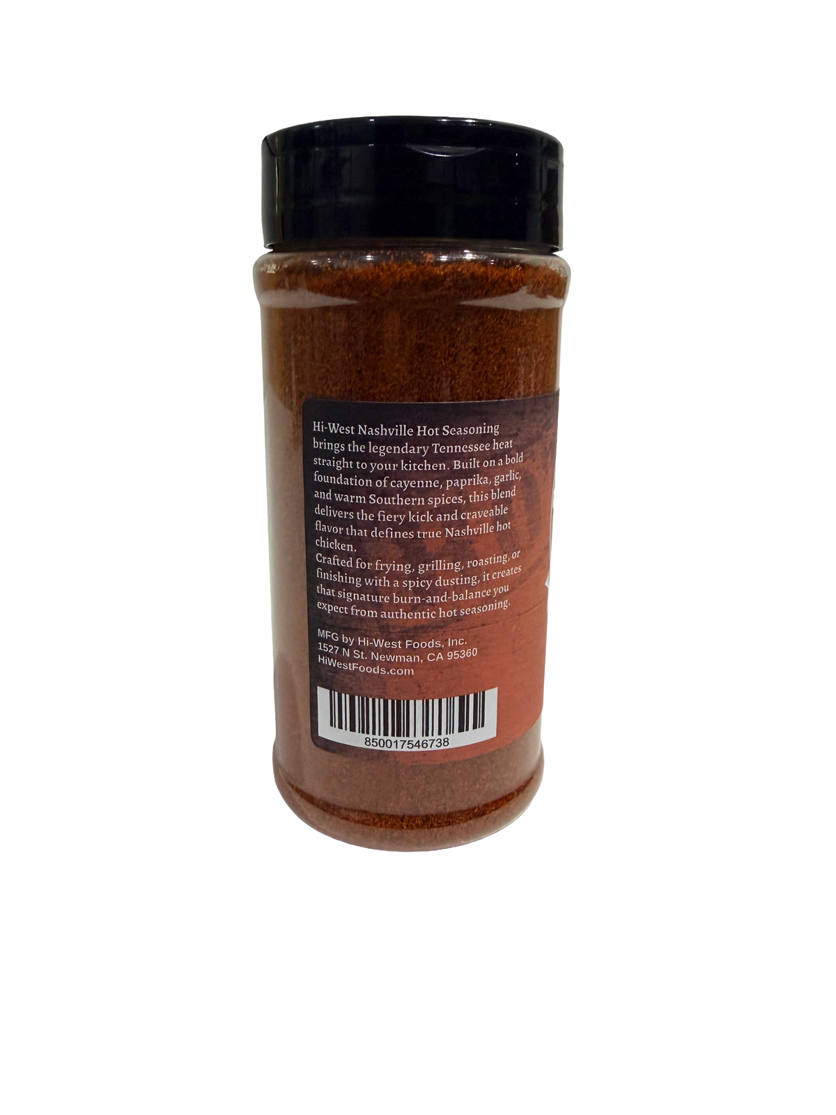 Close-up of Hi-West Nashville Hot Seasoning jar showing the spicy, vibrant seasoning blend in a clear container.
