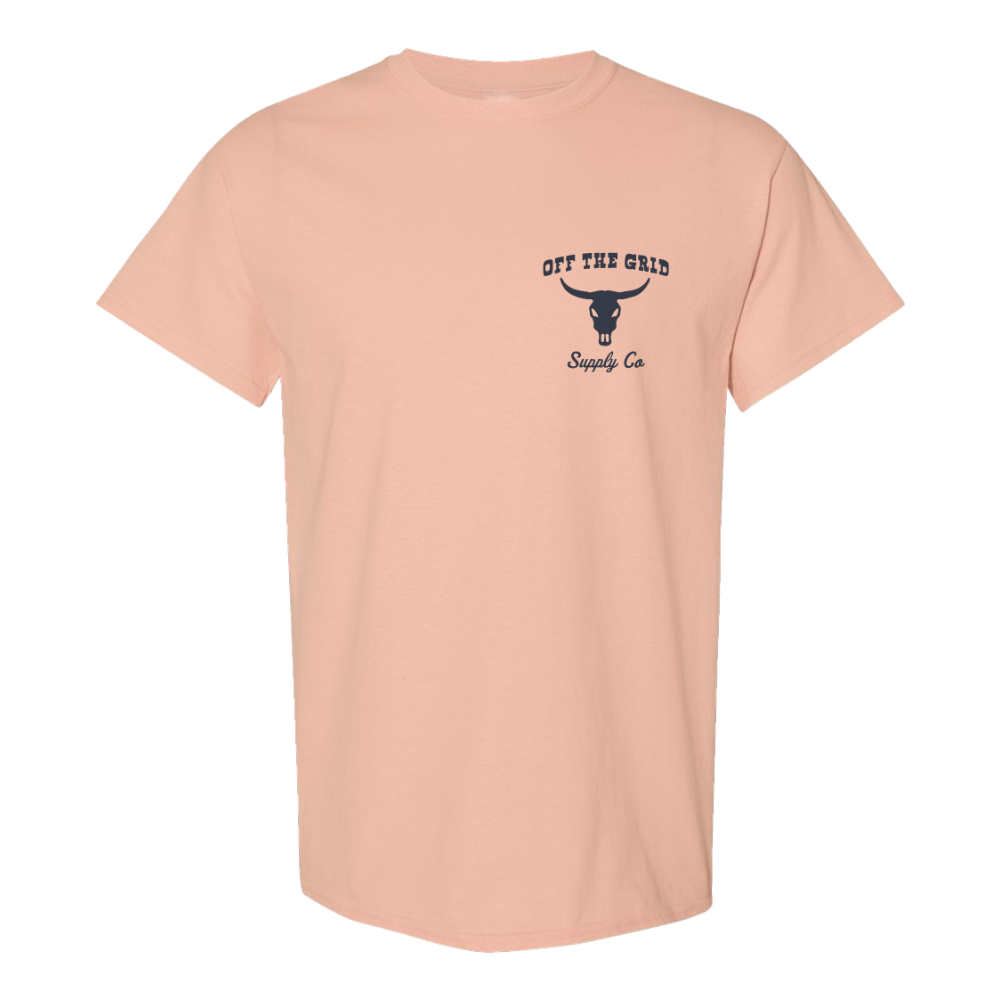 Off The Grid Surplus Never Give Up T-Shirt with motivational front graphic in black and white design.