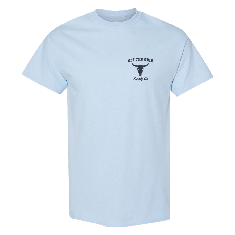 Blue "Never Give Up" Off The Grid Surplus T-shirt front view with bold text design.