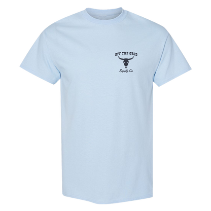 Blue "Never Give Up" Off The Grid Surplus T-shirt front view with bold text design.