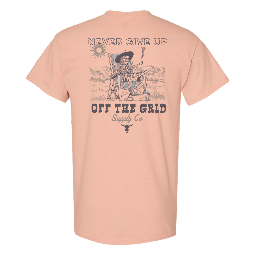 Black Off The Grid Surplus Never Give Up T-Shirt featuring bold "Never Stop" slogan printed on front.