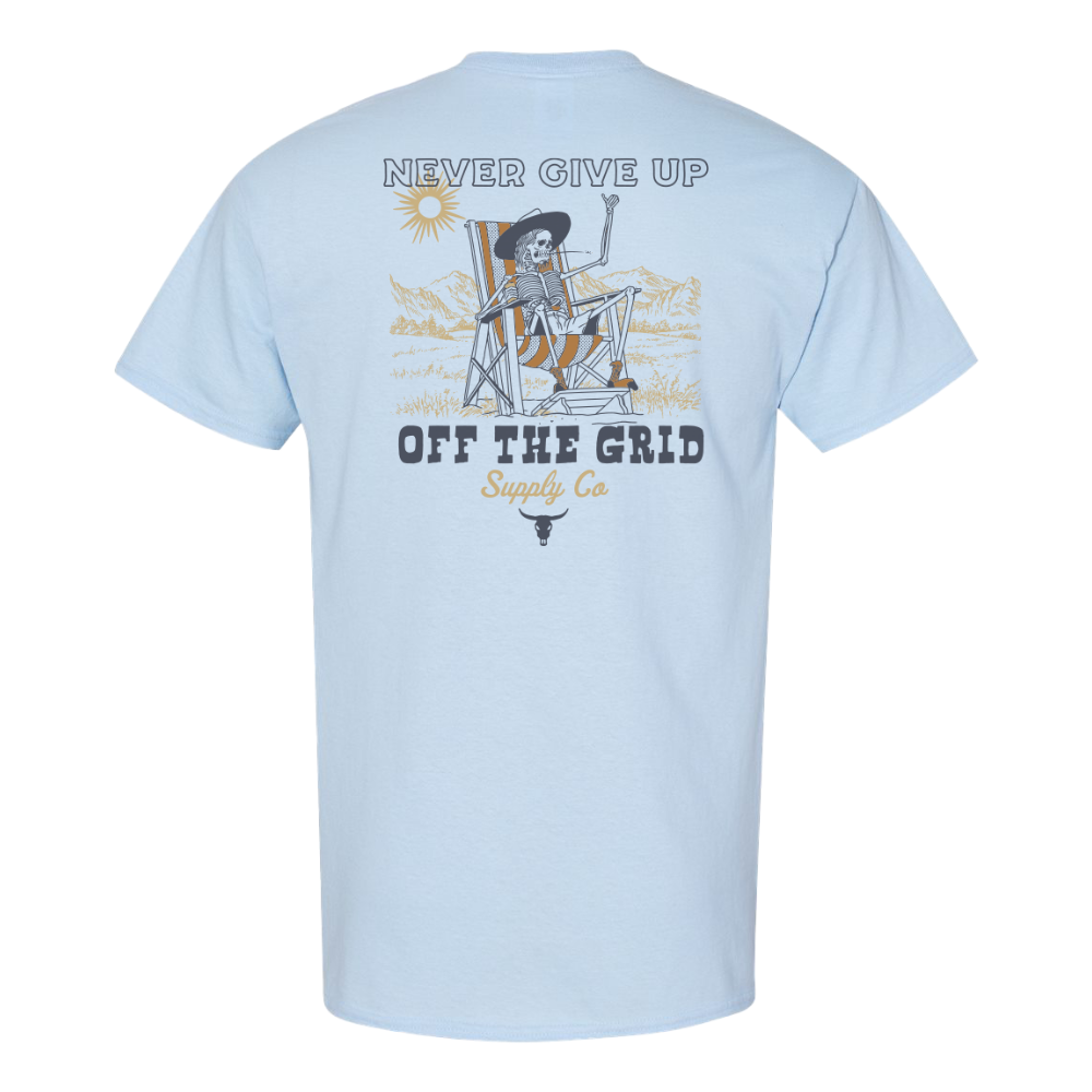 Black "Never Give Up" T-shirt from Off The Grid Surplus featuring bold front and back lettering.