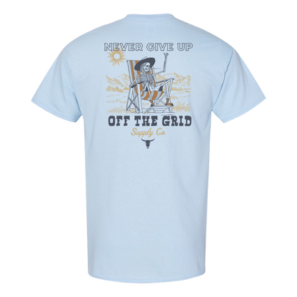 Black "Never Give Up" T-shirt from Off The Grid Surplus featuring bold front and back lettering.