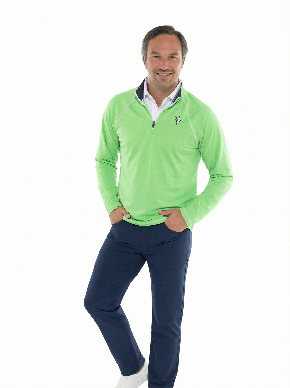 Green White Water Life Harbor quarter zip in studio, showcasing its effortless comfort and casual style.