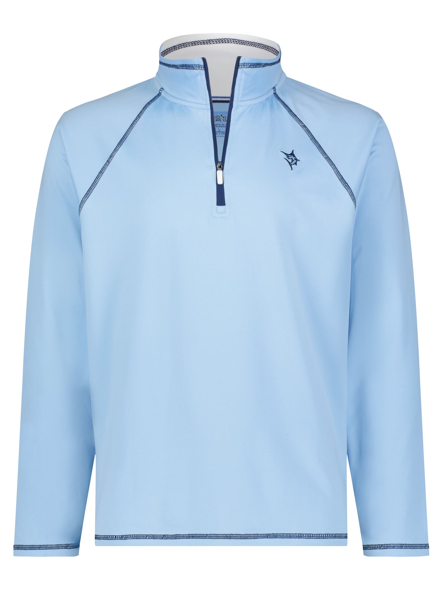 White Water Life New Harbor pale blue quarter zip shirt, casual and comfortable with a relaxed fit and quarter zip neckline.