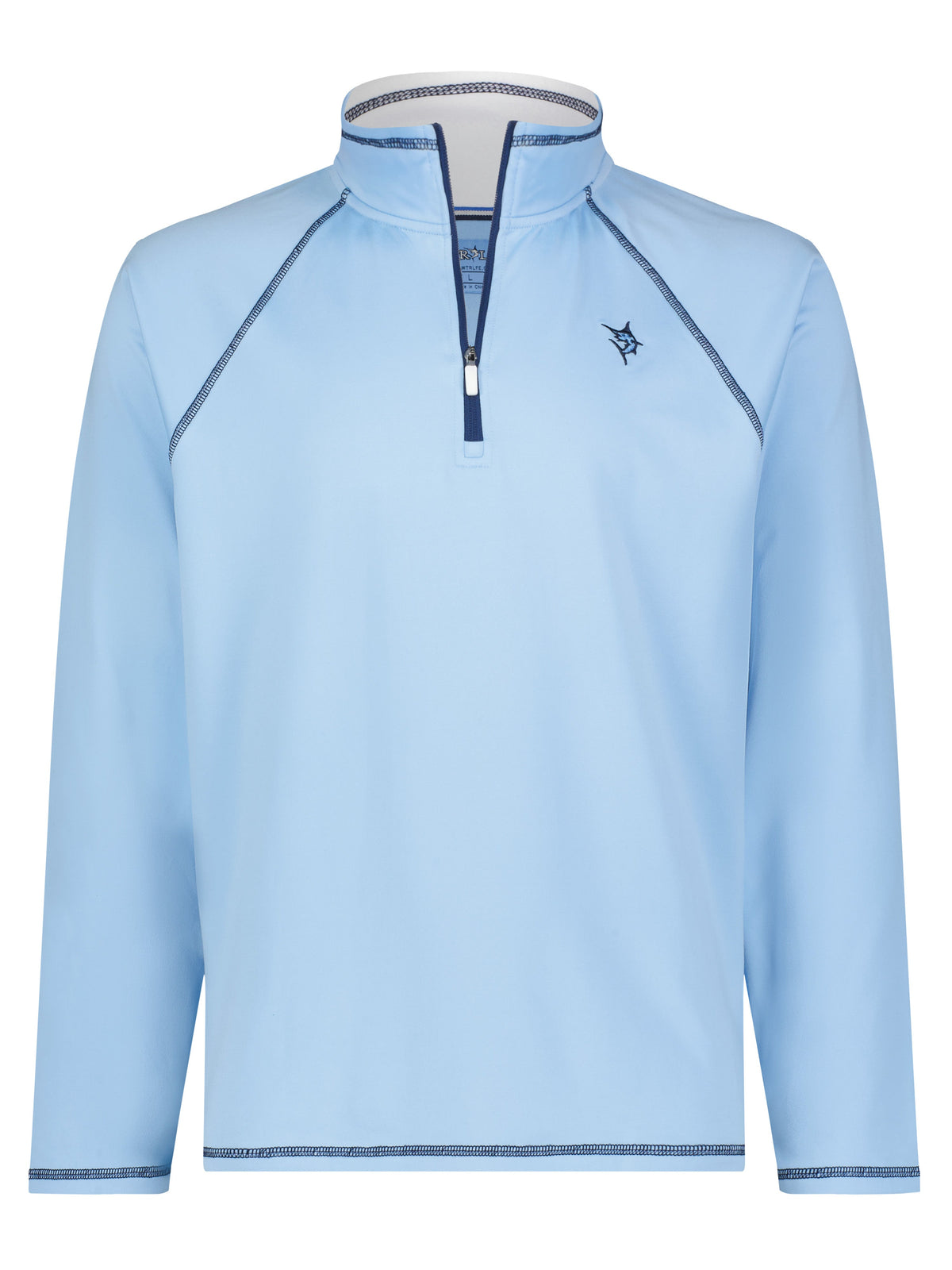 White Water Life New Harbor pale blue quarter zip shirt, casual and comfortable with a relaxed fit and quarter zip neckline.