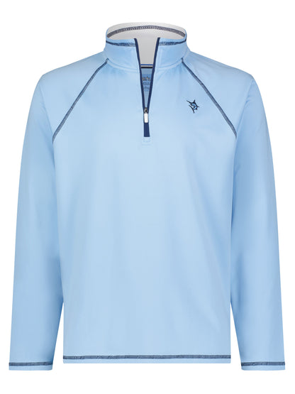 White Water Life New Harbor pale blue quarter zip shirt, casual and comfortable with a relaxed fit and quarter zip neckline.