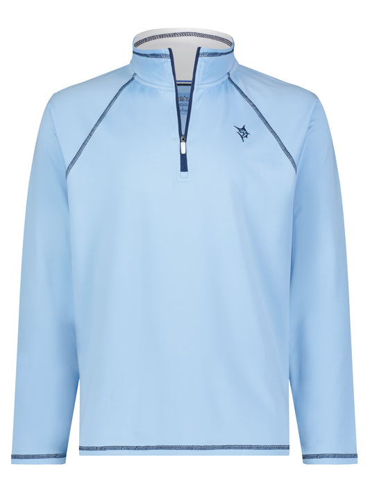 White Water Life New Harbor pale blue quarter zip shirt, casual and comfortable with a relaxed fit and quarter zip neckline.