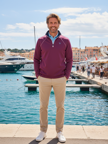 White Water Life New Harbor Plum quarter zip sweatshirt with a relaxed fit and comfortable design.
