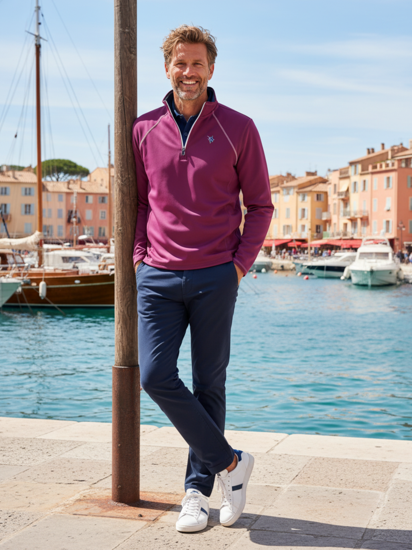 White Water Life Harbor Plum quarter zip shirt with a relaxed fit and comfortable fabric, displayed on a hanger.