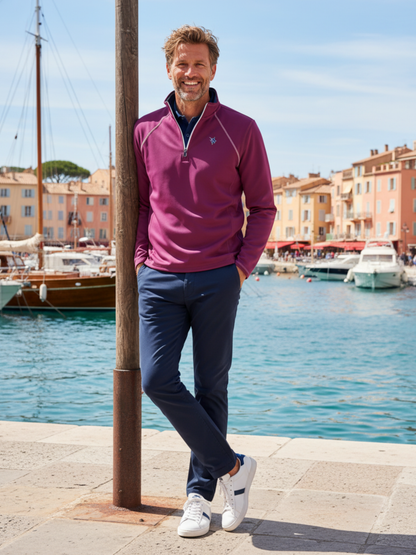 White Water Life Harbor Plum quarter zip shirt with a relaxed fit and comfortable fabric, displayed on a hanger.