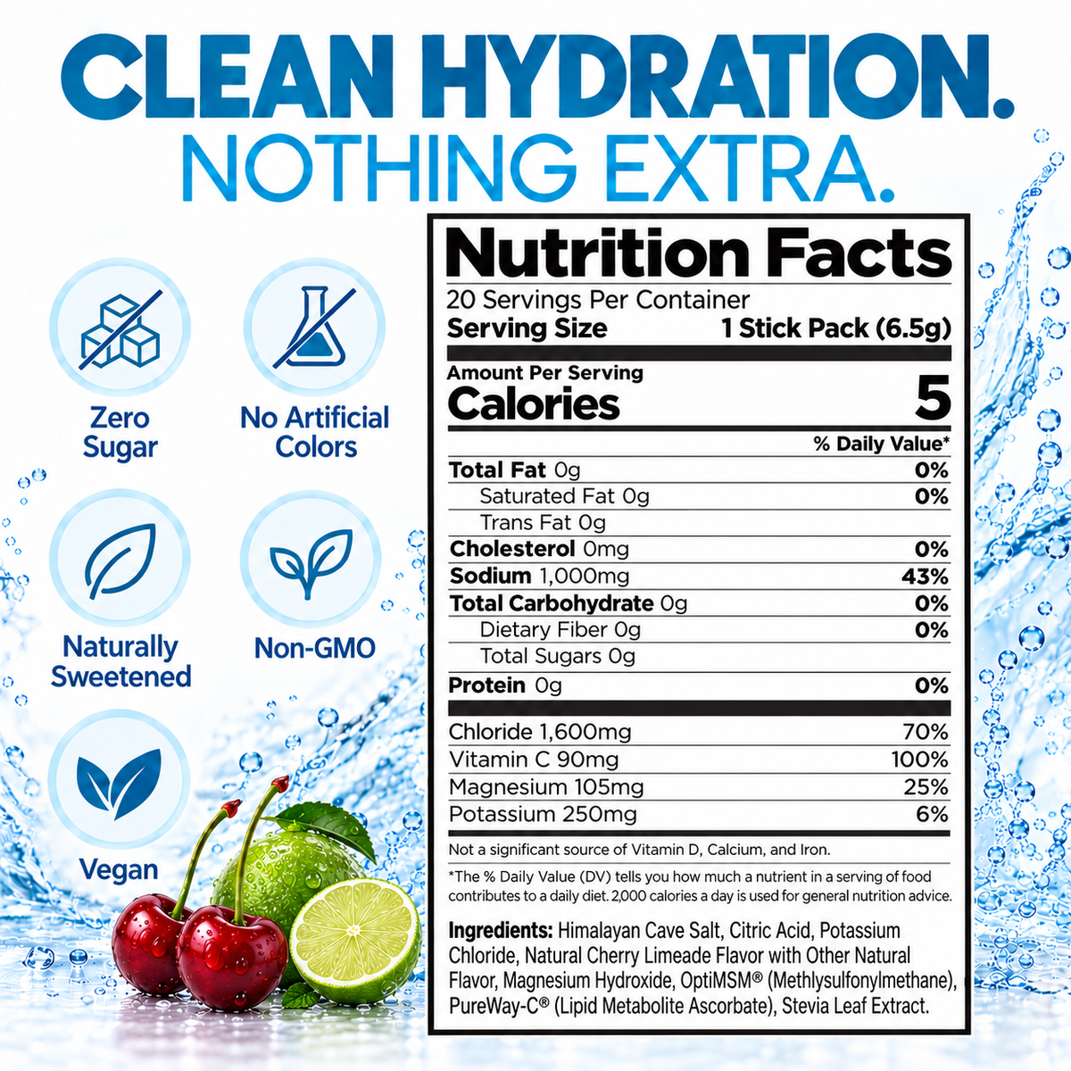 Cellutrex H2O ELECTROLYTES Cherry Limeade electrolyte powder packet with zero sugar, vitamin supplement for hydration.