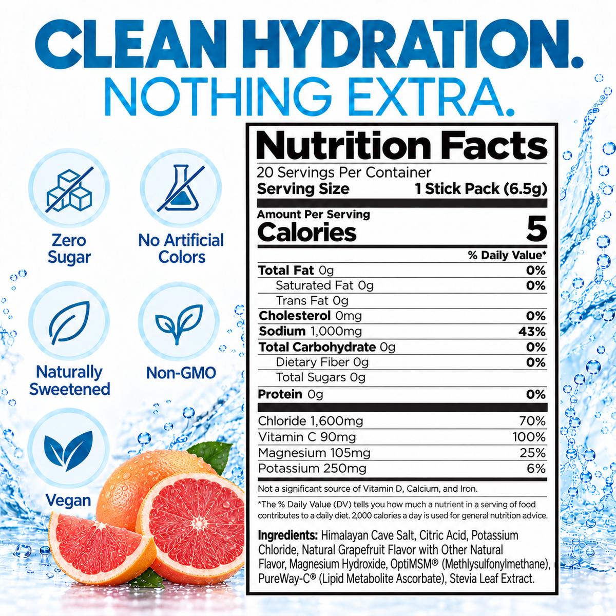 Cellutrex H2O ELECTROLYTES™ grapefruit zero sugar electrolyte powder packet with bright grapefruit image.