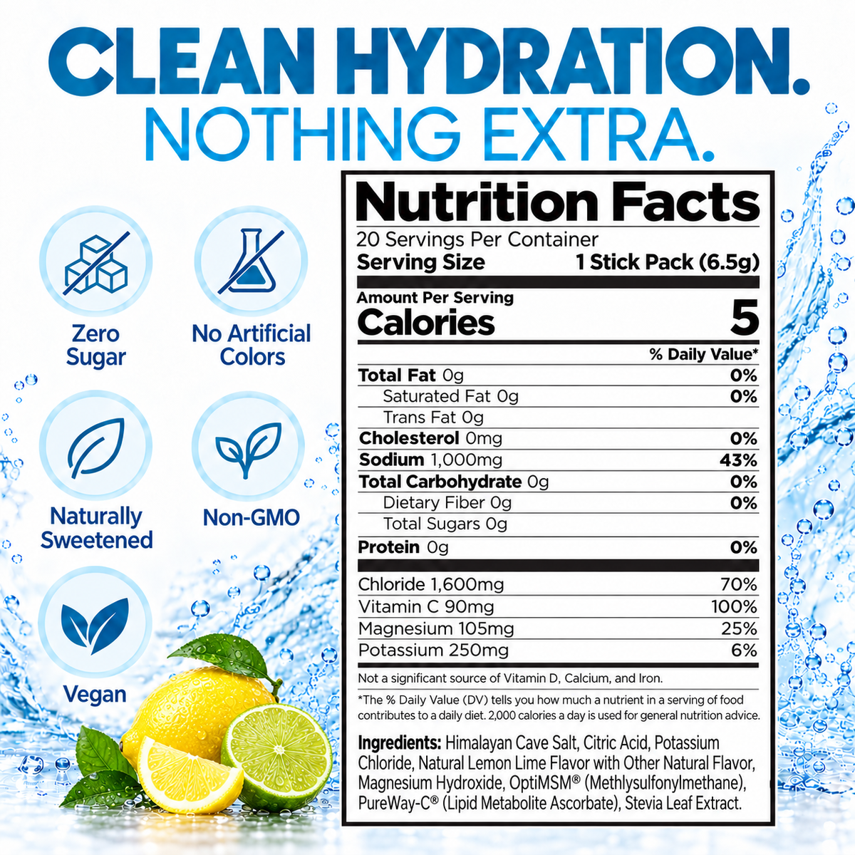 Cellutrex H2O ELECTROLYTES Lemon Lime zero sugar electrolyte powder packet with vibrant lemon-lime design and branding.