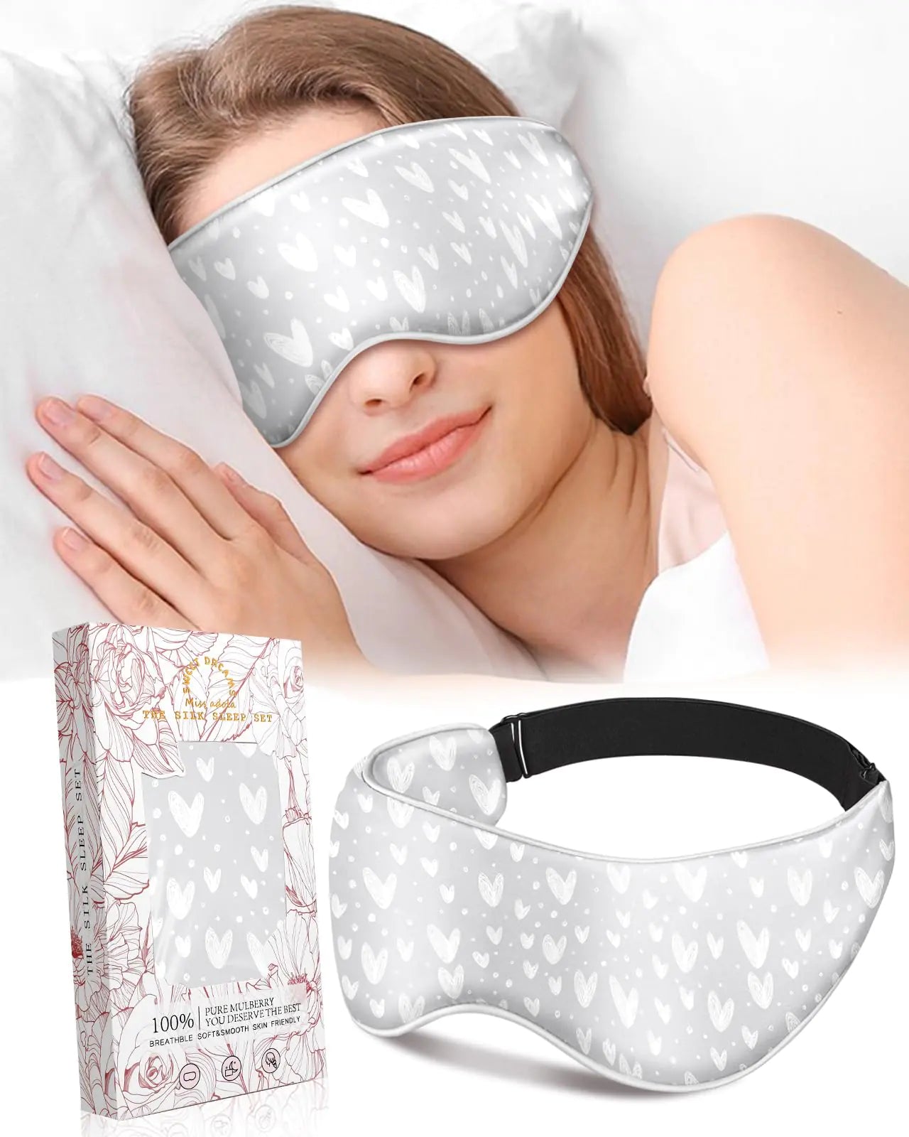 Miss Adola Silk Weighted Eye Mask - Microwave Eye Mask Heat and Cold Warm Compress for Sleeping Dry Eyes Pillow Soft Smooth Lavender Mulberry Silk Sleep Mask for Women Wife Mom - Grey Heart
