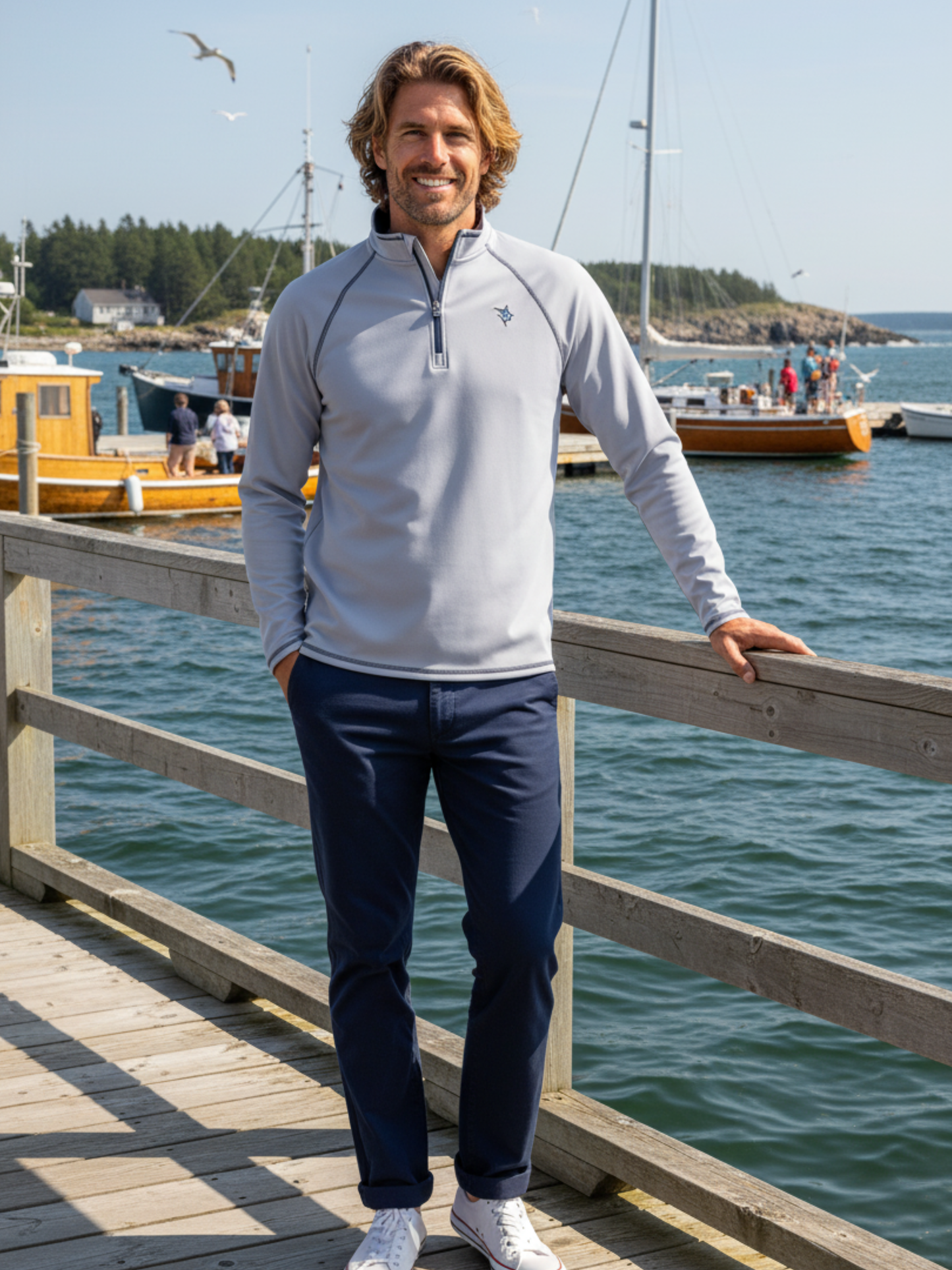 Gray White Water Life Harbor Quarter Zip shirt, casual quarter zip with effortless comfort, displayed on a plain background.