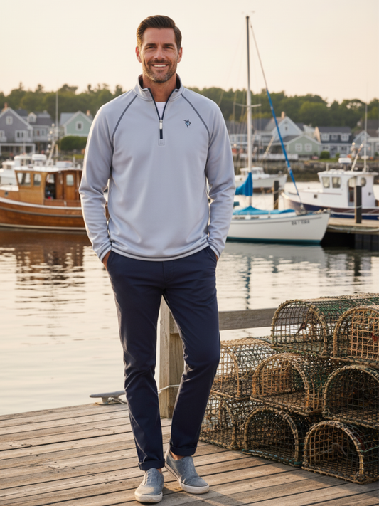 Grey White Water Life quarter zip sweatshirt with a relaxed fit and effortless comfort, featuring a stand-up collar and full-length zipper.