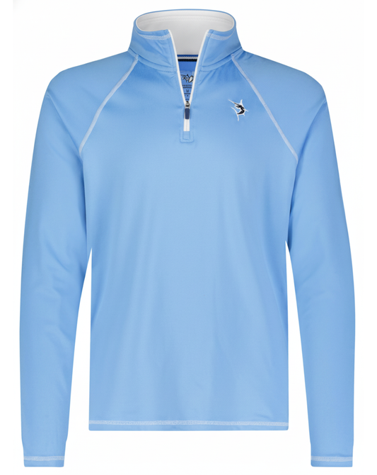 Light blue White Water Life quarter zip from the New Harbor collection, showcasing effortless comfort and casual style.