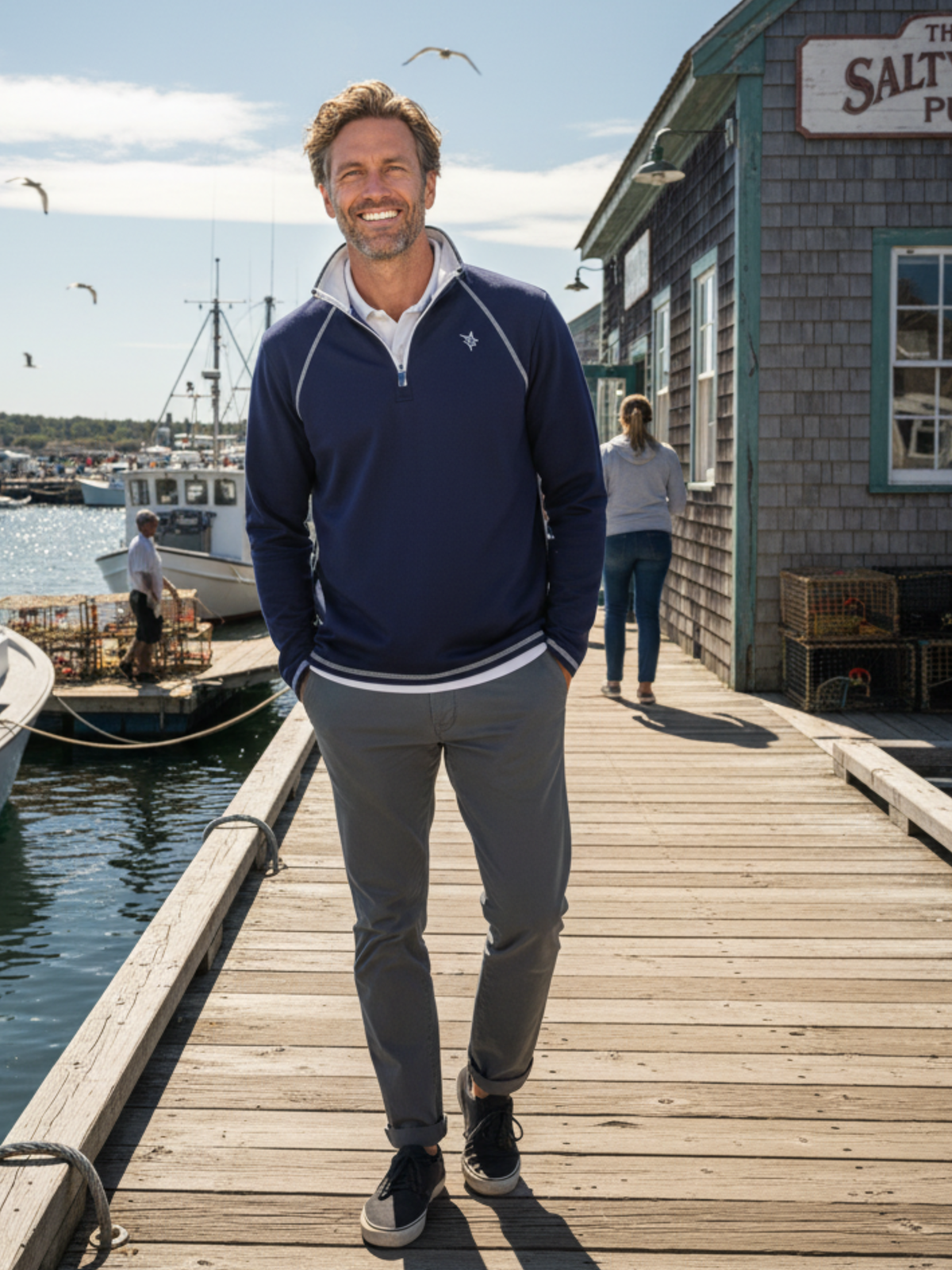 White Water Life navy quarter zip sweatshirt from the New Harbor Effortless Comfort collection, featuring a relaxed fit and soft fabric.