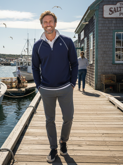 White Water Life navy quarter zip sweatshirt from the New Harbor Effortless Comfort collection, featuring a relaxed fit and soft fabric.