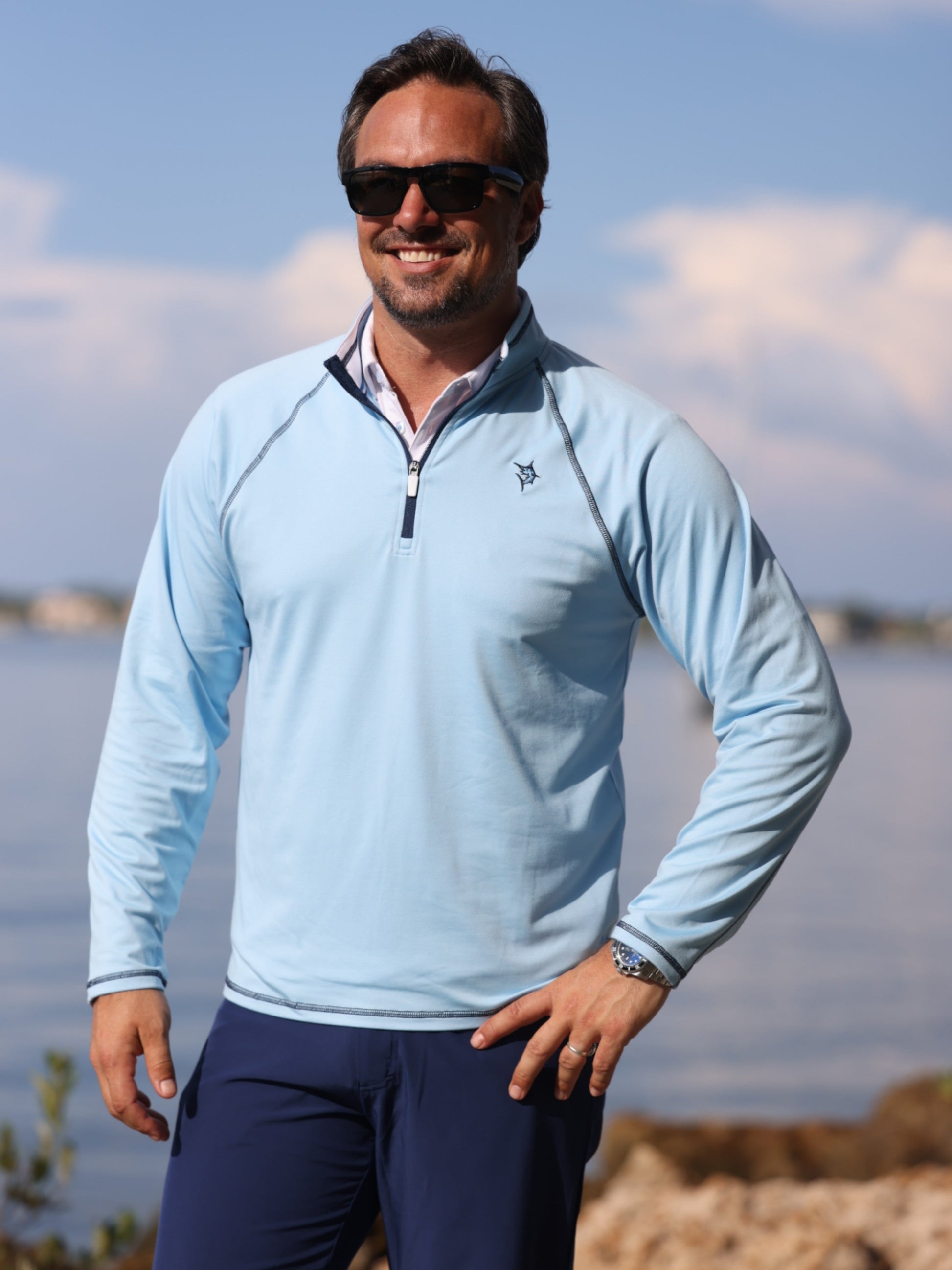 White Water Life New Harbor Quarter Zip in soft fabric, showcasing a casual, comfortable quarter zip design with a stand collar.