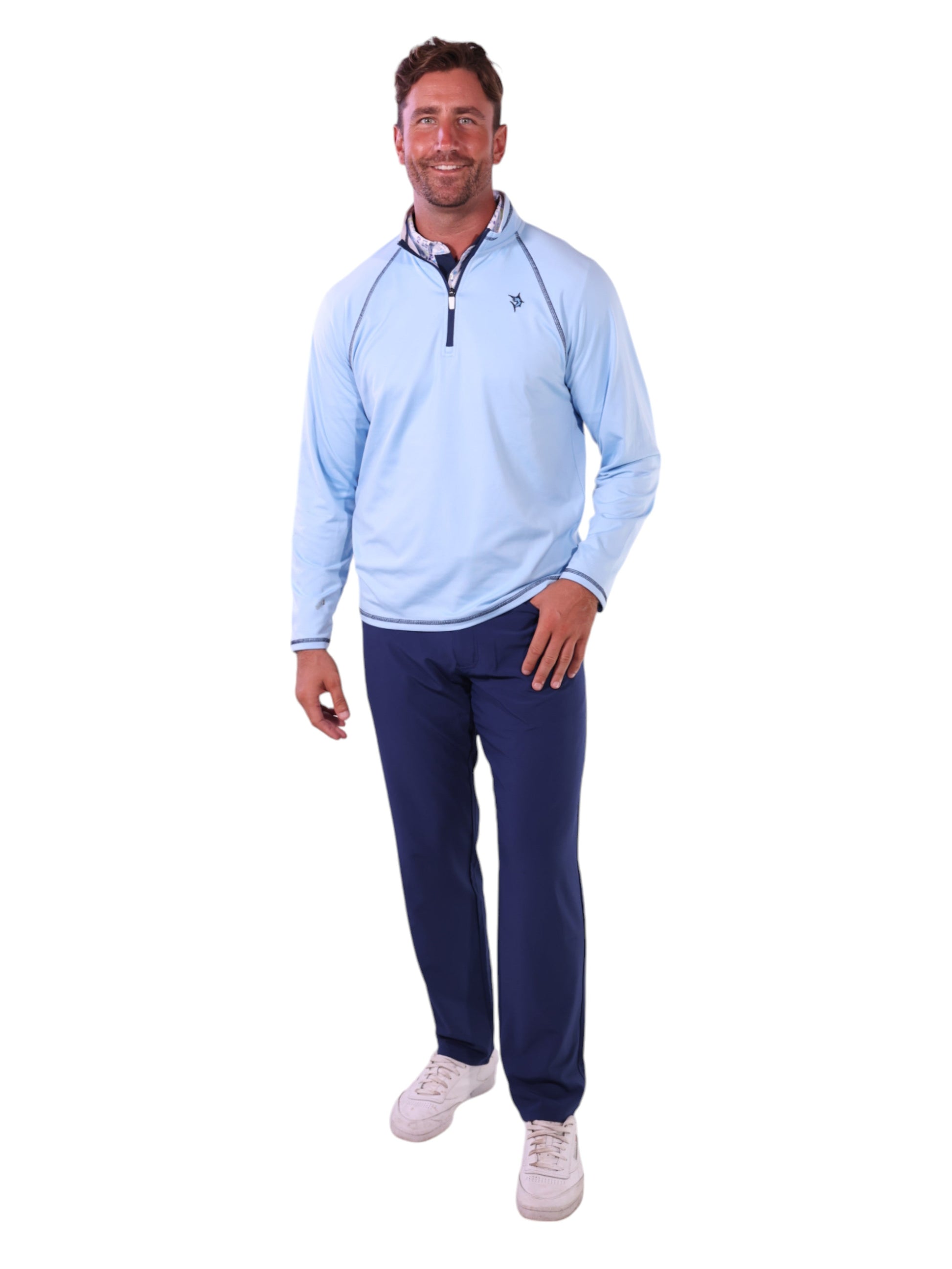 White Water Life New Harbor quarter zip sweatshirt with a relaxed fit and effortless comfort, shown in a casual outdoor setting.