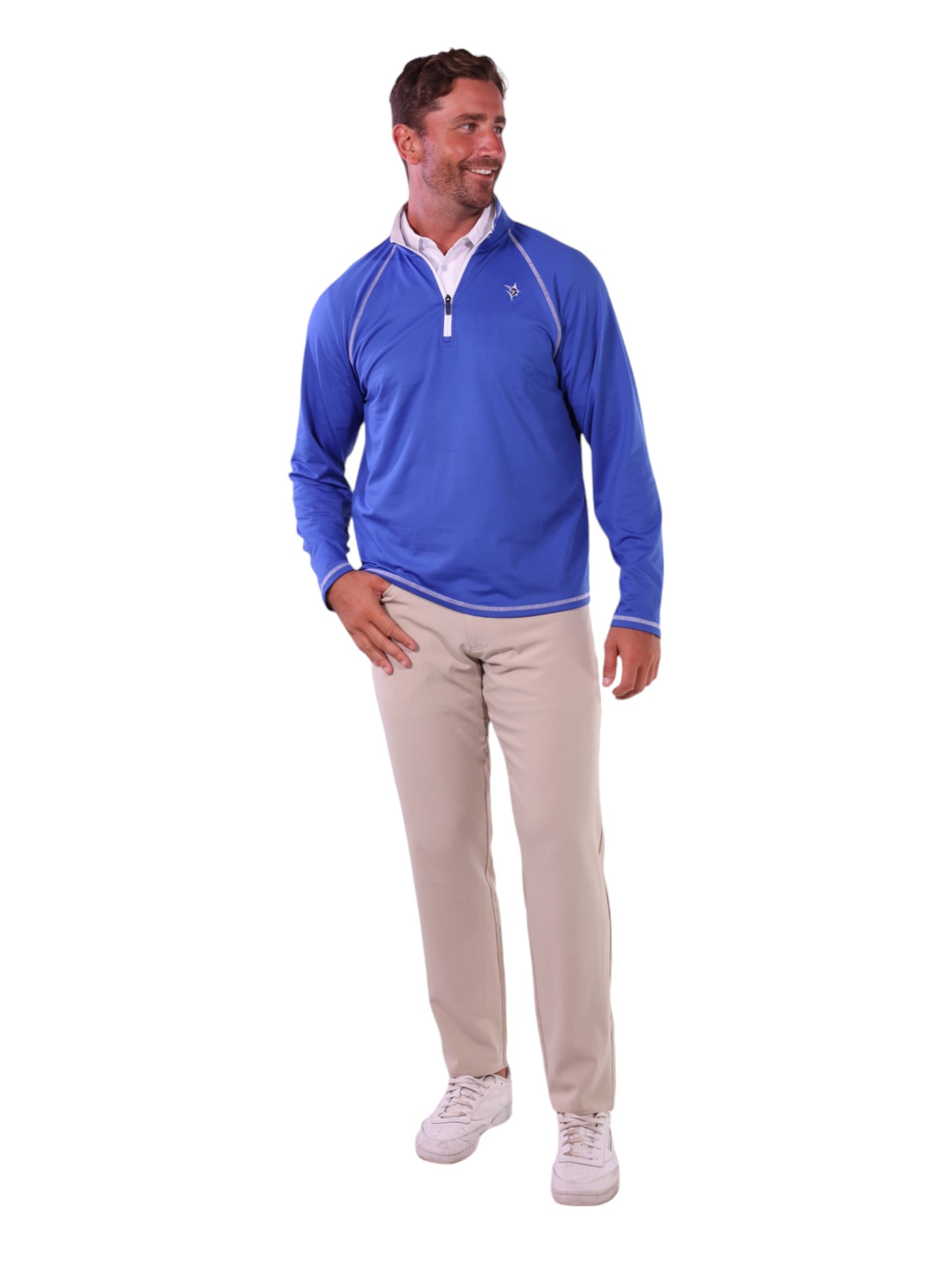 Royal blue White Water Life quarter zip sweatshirt with a relaxed fit and soft fabric, designed for effortless comfort.
