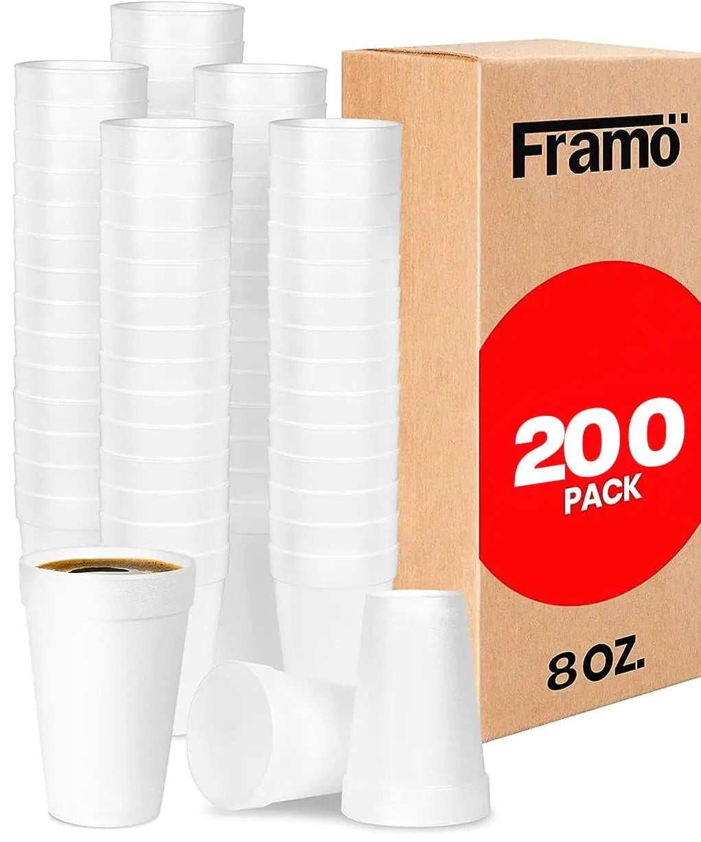 FRAMO 8 Oz Foam Cups Lightweight Insulated Foam Cups for Coffee Cold Drinks & Other Hot Beverages - Disposable Drinking Cups for Parties Picnic BBQ Travel & Events (200)